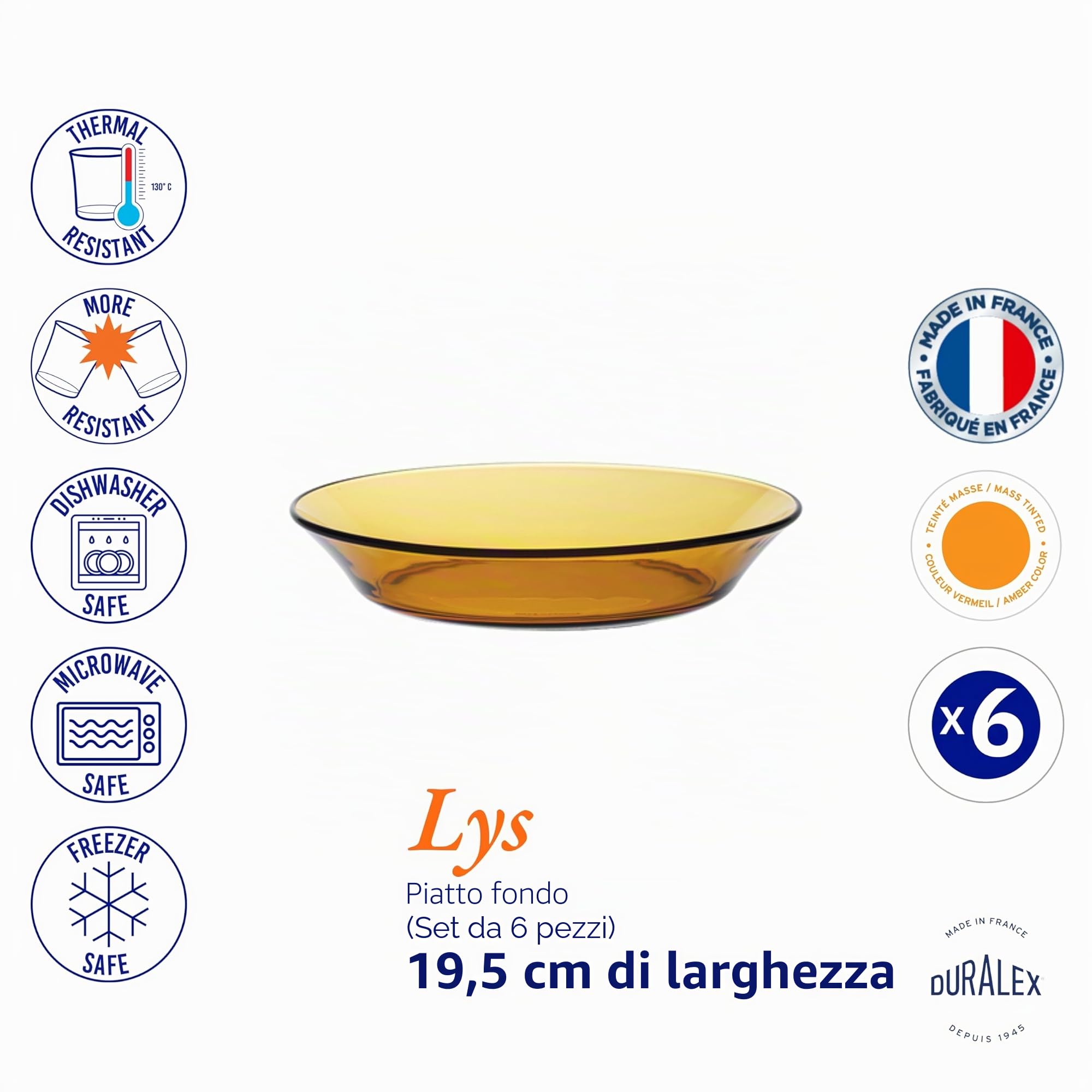 Duralex 3007DF06 Set di 6 Piatti Fondi in Vetro Vermeil, 19,5 cm