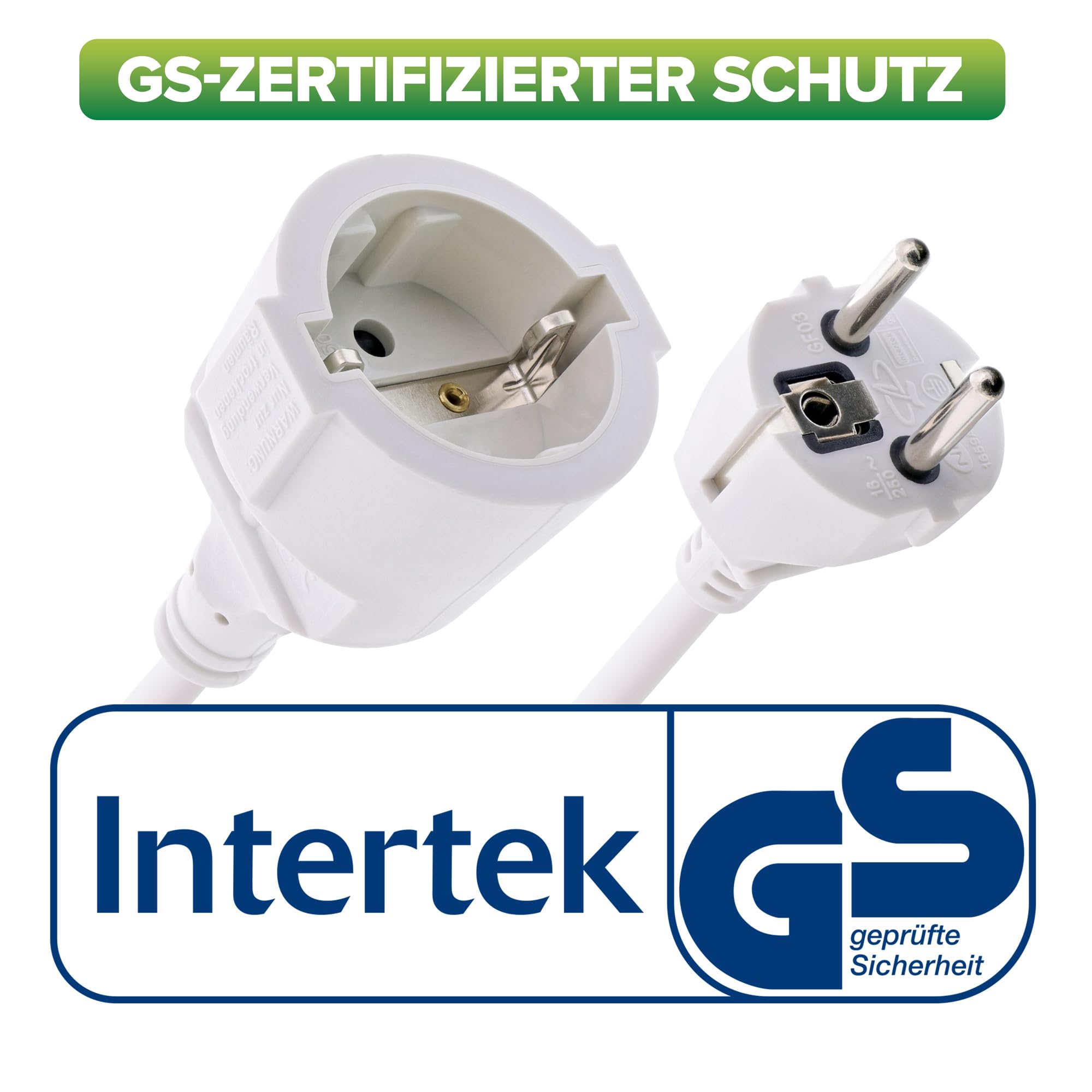 InLine® Przedłużacz prądu z zestykiem ochronnym, wtyczka/gniazdo, biały, 1 m | Do użytku w pomieszczeniach, certyfikat GS z ochroną przed dziećmi, 230 V, H05VV-F3G1,5, 16400 W