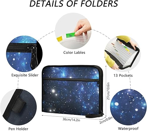 Miniatura 3 de Carpeta de archivos expandible con diseño de estrellas brillantes, color negro, azul y galaxia, estrellas brillantes, con cremallera suave, 13