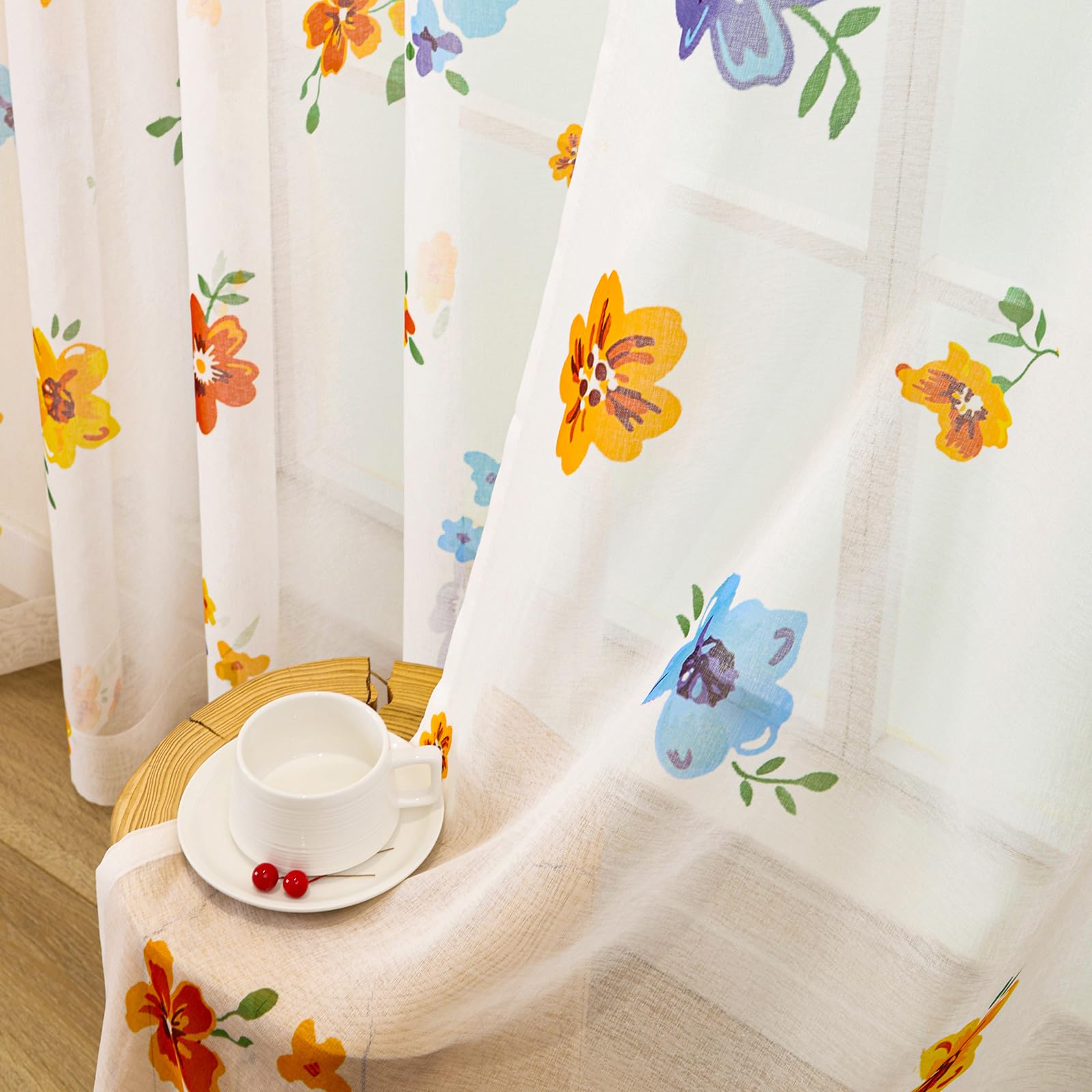 L.Z.E Lot de 2 Rideaux Transparents à œillets pour Salon - Motif Floral - Aspect Lin - 245 cm de Long - Orange et Bleu