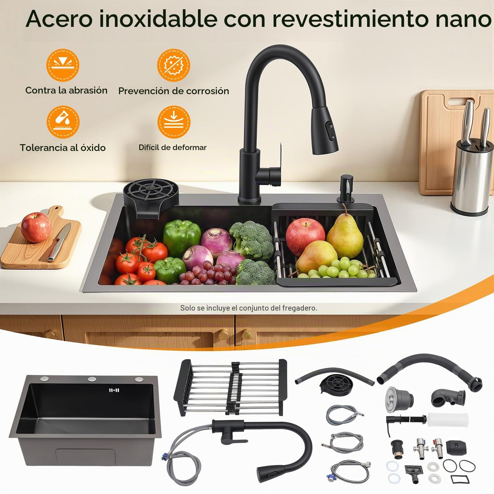 Fregadero de cocina negro 60 x 45 cm de acero inoxidable con grifo extraíble