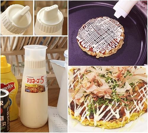 Miniatura 7 de Botella exprimible de 5 agujeros para salsa de tomate y mayonesa con tapa transparente a prueba de fugas (12 oz - 11.8 fl oz)