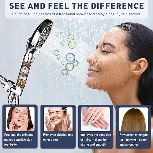 Miniatura 4 de Cabezal de ducha filtrado con portátil, cabezal de ducha de alta presión de 9 pulverizadores, suavizante de agua con cuentas de filtro para agua