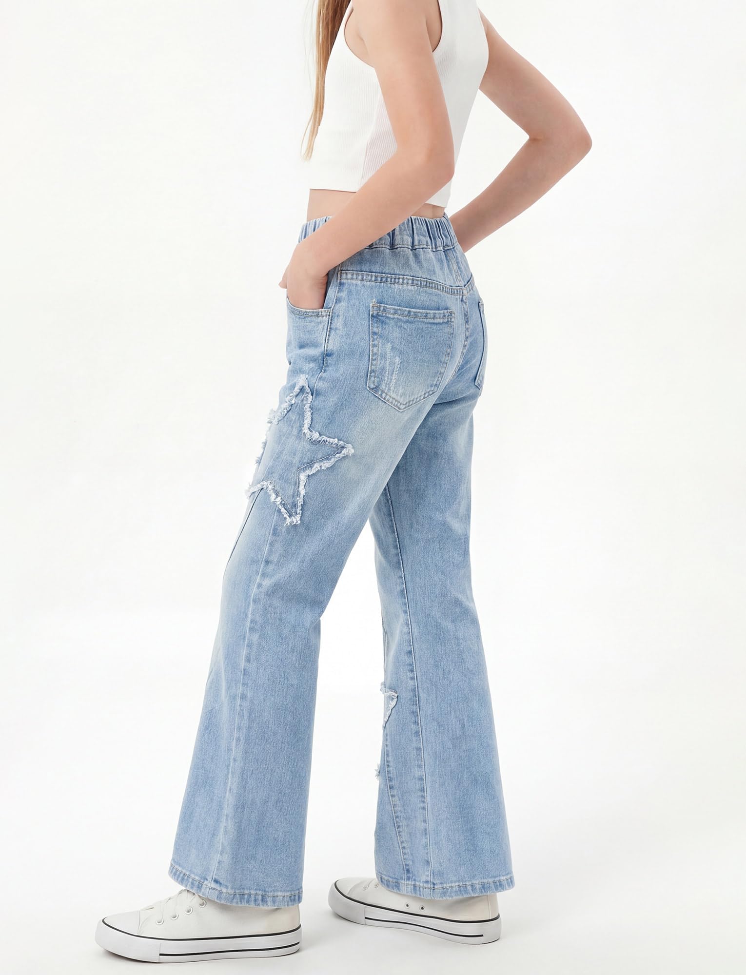 Maeau Jeans évasés pour filles - Motif étoiles - Patchwork - Taille élastique - Avec poches