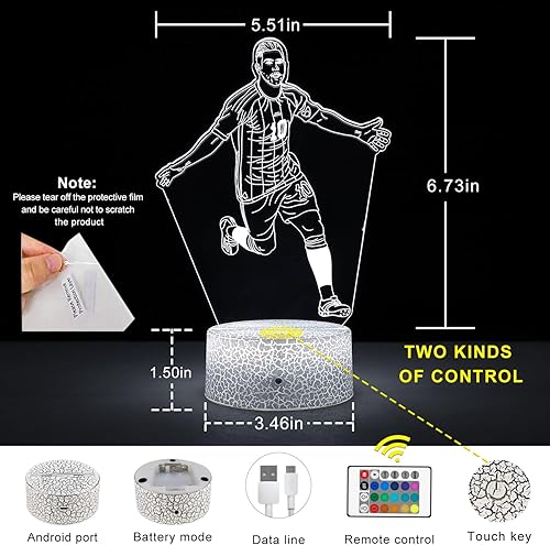 Miniatura 5 de Argentina Soccer Player #10 Lámpara Illsuion 3D para niños, con control remoto y táctil inteligente, lámpara regulable, fanáticos del fútbol para