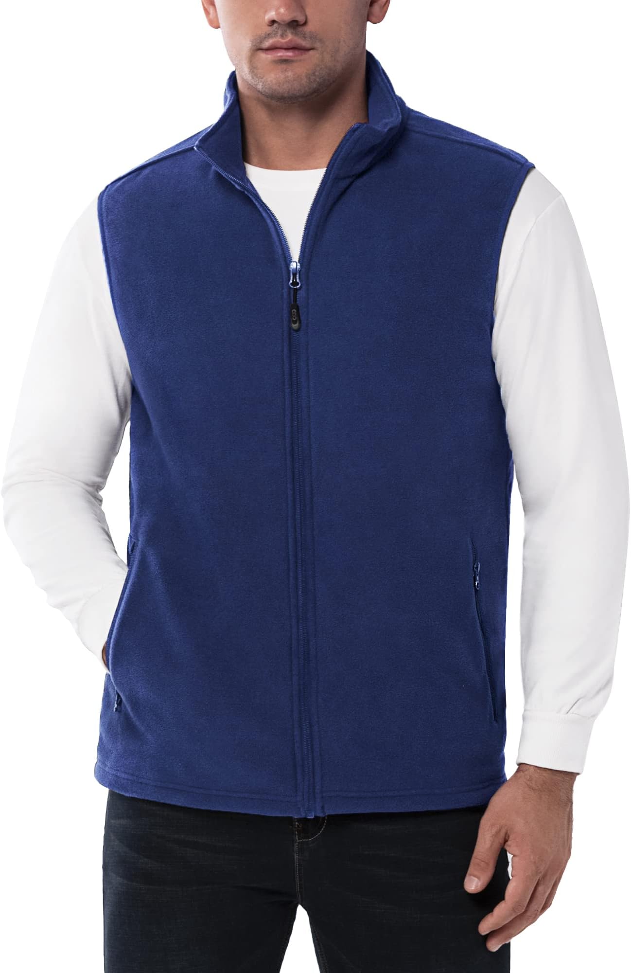 33,000ft Men's Fleece Vest Jacket Stand Collar Ultralight Outdoor Sleeveless Fleece Jacket Gilets Tops Fleece Vest Men with Pockets Zip, navy blue, M