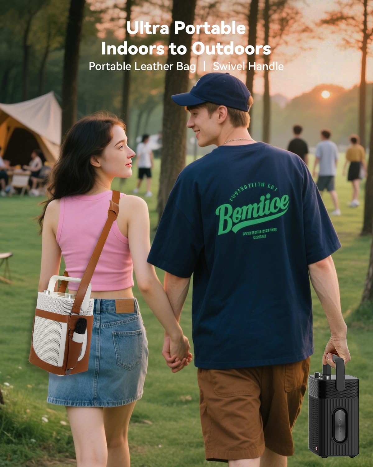 Máquina de karaoke con 2 micrófonos inalámbricos UHF, altavoz Bluetooth portátil impermeable IPX4 con bolsa de cuero para Samsung Apple TV, Tesla Ford, altavoz al aire libre, compatible con Bluetooth