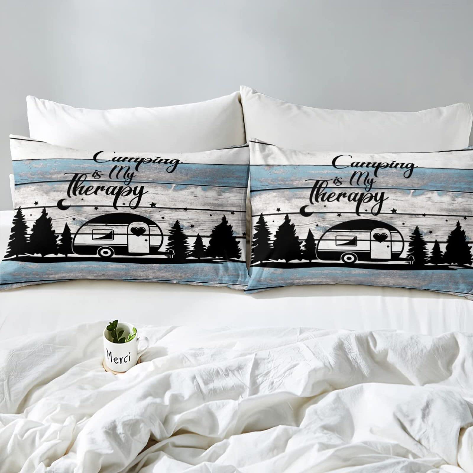 Homewish Camper Bettbezug 135x200 - Happy Camping Etagenbettwäsche Blau Grau