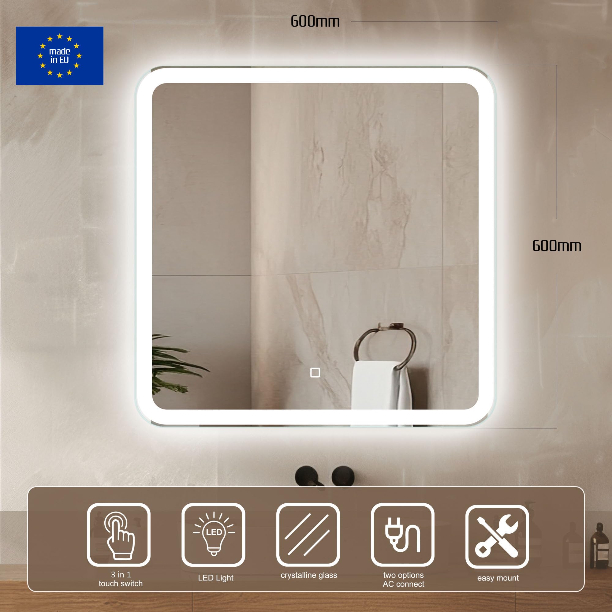 Venti Specchio Bagno Bagno Quadrato 60x60cm Luce LED, Specchio Bagno Retroilluminato, con Interruttore Touch, Angoli arrotondati con luce LED Frontale Bianca Naturale