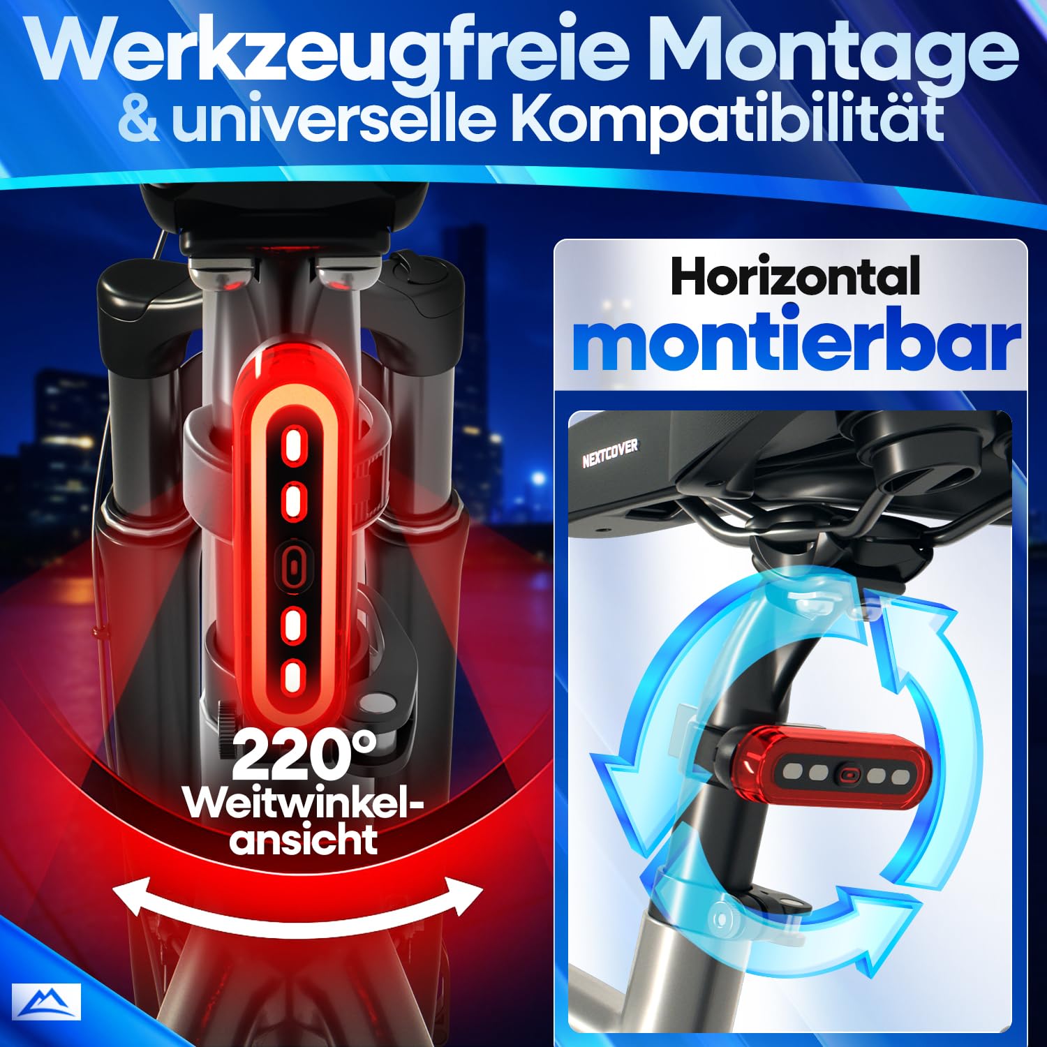 NEXTCOVER® Rücklicht Fahrrad mit [VisionLux] LEDs und Bremslicht I StVZO zugelassen I LED Fahrradrücklicht mit 8 Stunden Akku I Fahrradlicht hinten für Rennrad, E-Bike, Fahrrad Rücklicht blinkend