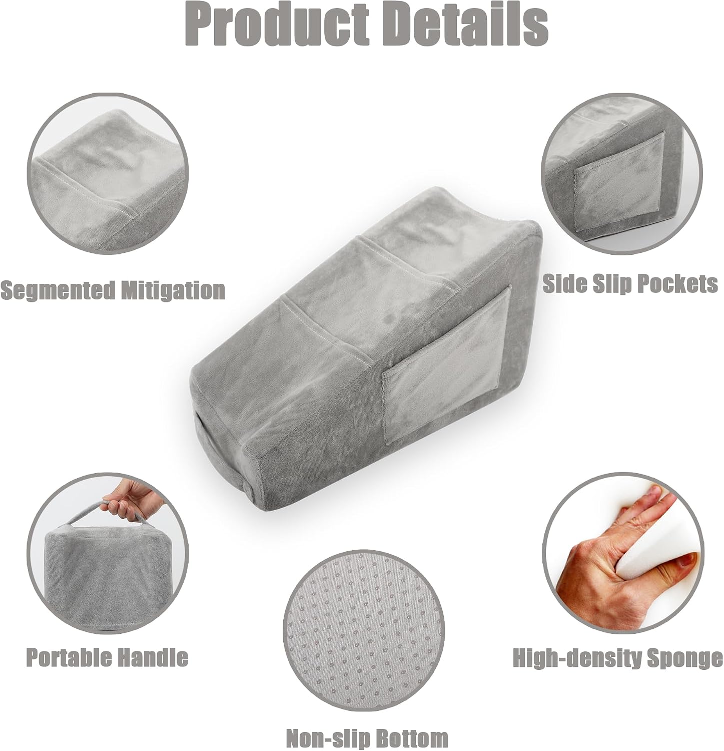 Sexysamba Arm Elevation Pillow Arm Pillow with 5 Pockets for Elbow Arm Rest Wedge Pillow for Post Surgery Support Pillow Shoulder Surgery Pillow with Removable Non-Slip Bottom Pillow Case - Grey