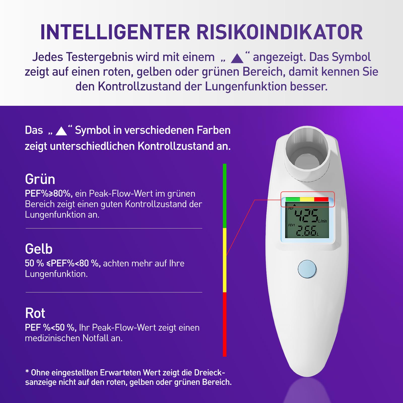 Peak Flow Meter, Kein Bluetooth, für Asthma COPD, PEF & FEV1, Risikoanzeige | LCD-Display, zur Überwachung der Lungenfunktion, Papier Tagebuch Formular, AAA-Batterien betriebe, Digitales Spirometer