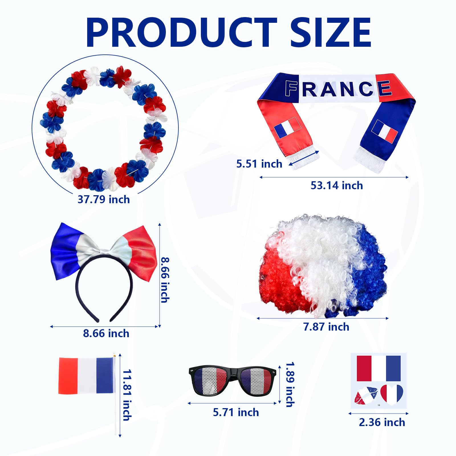 9 Pièces Kit Supporter France, Coupe du Monde 2026 Football Accessoire Bandeau Écharpe Perruque Tatouages Temporaires Lunettes Collier de Fleurs, Drapeau à Main Accessoire Supporters France