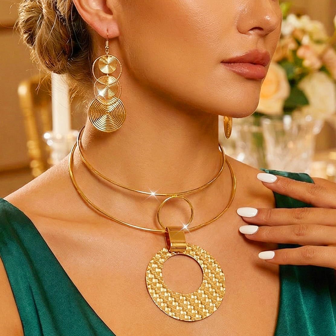 CLOACE Gold Necklace Set Round Pendant Choker Necklaces Earrings Statement Big Jewelry Accessories for Women - Image 4