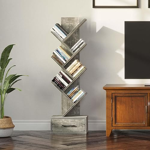 Miniatura 4 de Rolanstar Estantería con cajón de madera, estantería de árbol de 7 estantes, almacenamiento moderno para libros, estantería de árbol de pie,