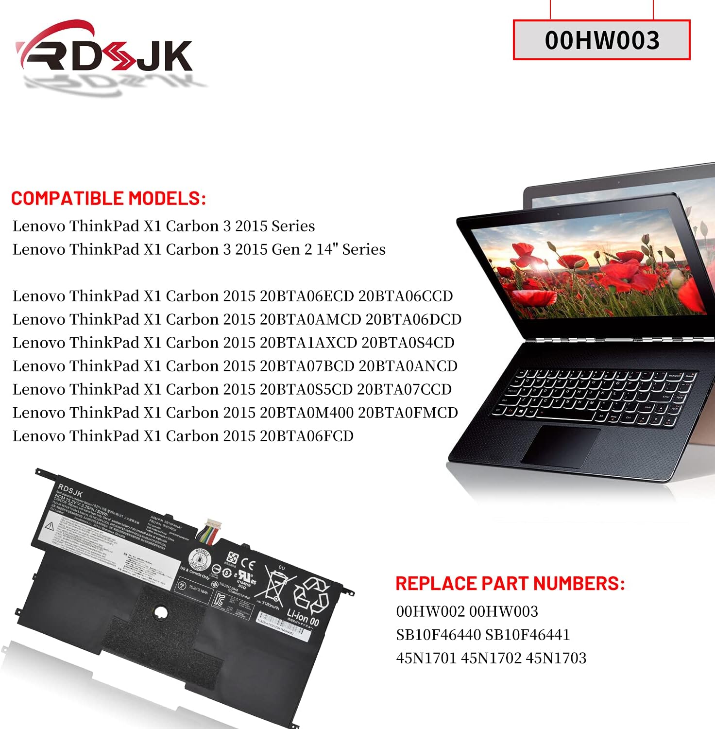 RDSJK 00HW003 00HW002 SB10F46440 SB10F46441 Laptop Battery for Lenovo ThinkPad X1 Carbon 3 2015 Gen 2 14" Series 15.2V 50Wh
