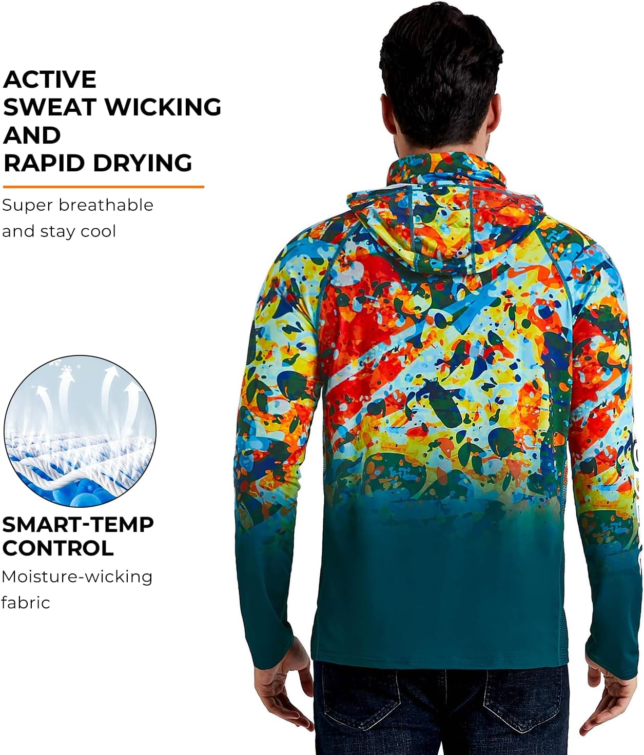 Rodeel UPF 50+ Men’s Long Sleeve Performance Fishing Hiking Shirt with Mask UV Neck Gaiter Hoodie