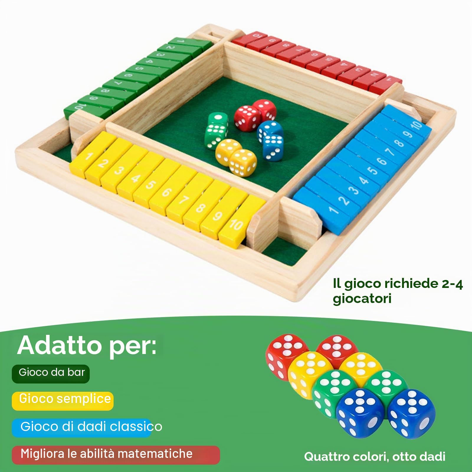 Shut The Box, Gioco da Tavolo in Legno con Dadi, Giochi in Legno di Società per Bambini e Adulti, Matematici Giochi da Tavolo Adulti per 1-4 Giocatori, Classico Mastermind Gioco per Famiglia