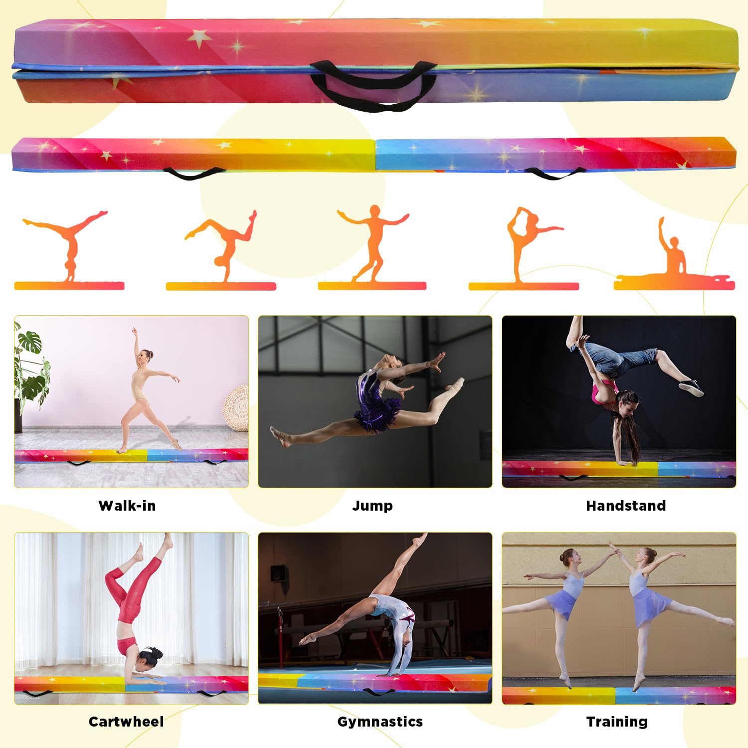 Schwebebalken für Zuhause, 300/270/240 cm Balken Turnen Klappbar Tragbar für Kinder Erwachsene, Gymnastik Balance Beam mit Rutschfester Gummiboden für Professionelle Turner oder Anfänger