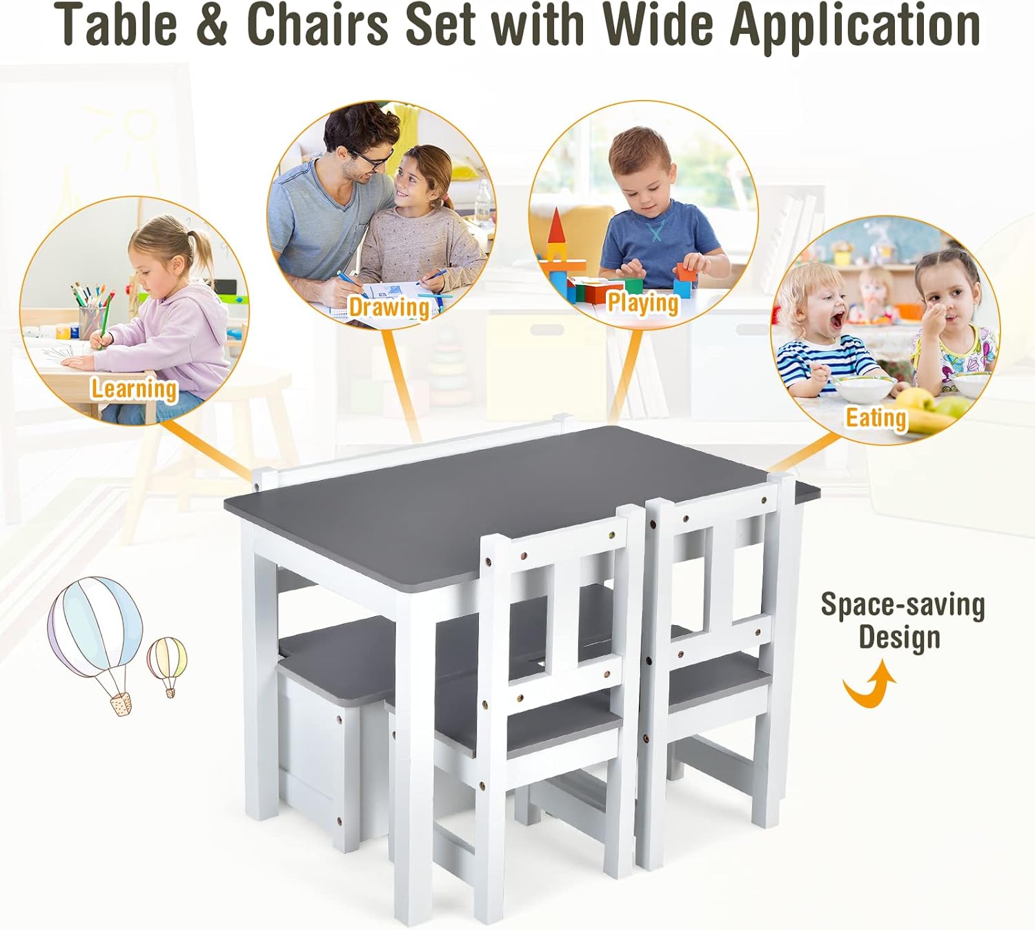 Costzon 2 in 1 Kids Table and Chair Set, Wood Activity Table with Toy Storage Bench & 2 Chairs for Children Reading, Arts, Crafts, Snack Time, Homework, Playroom, Toddler Table and Chairs (Grey)