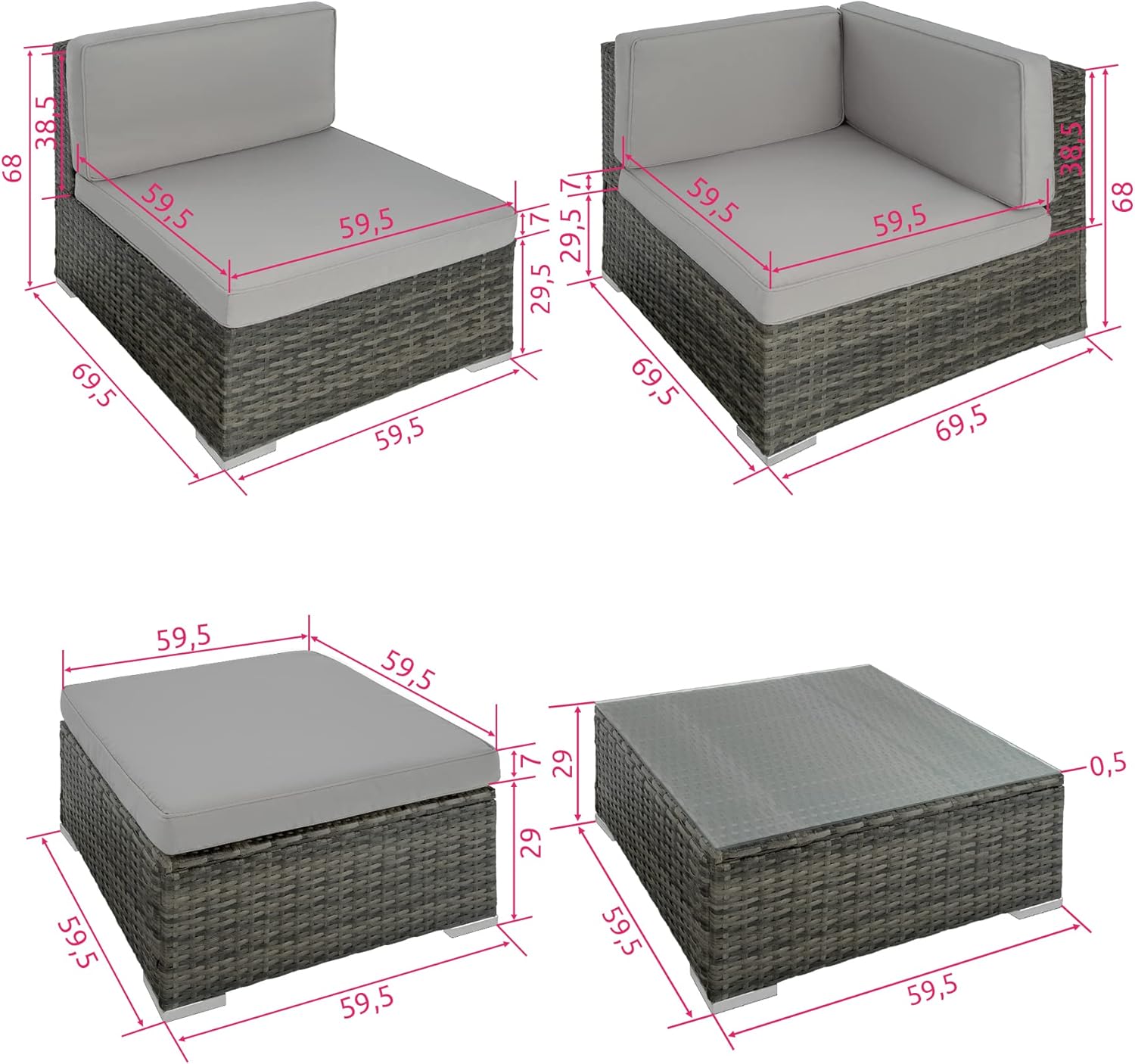 Detailed dimensions of the individual seating modules and table of the TecTake Venise Rattan Garden Lounge Set.