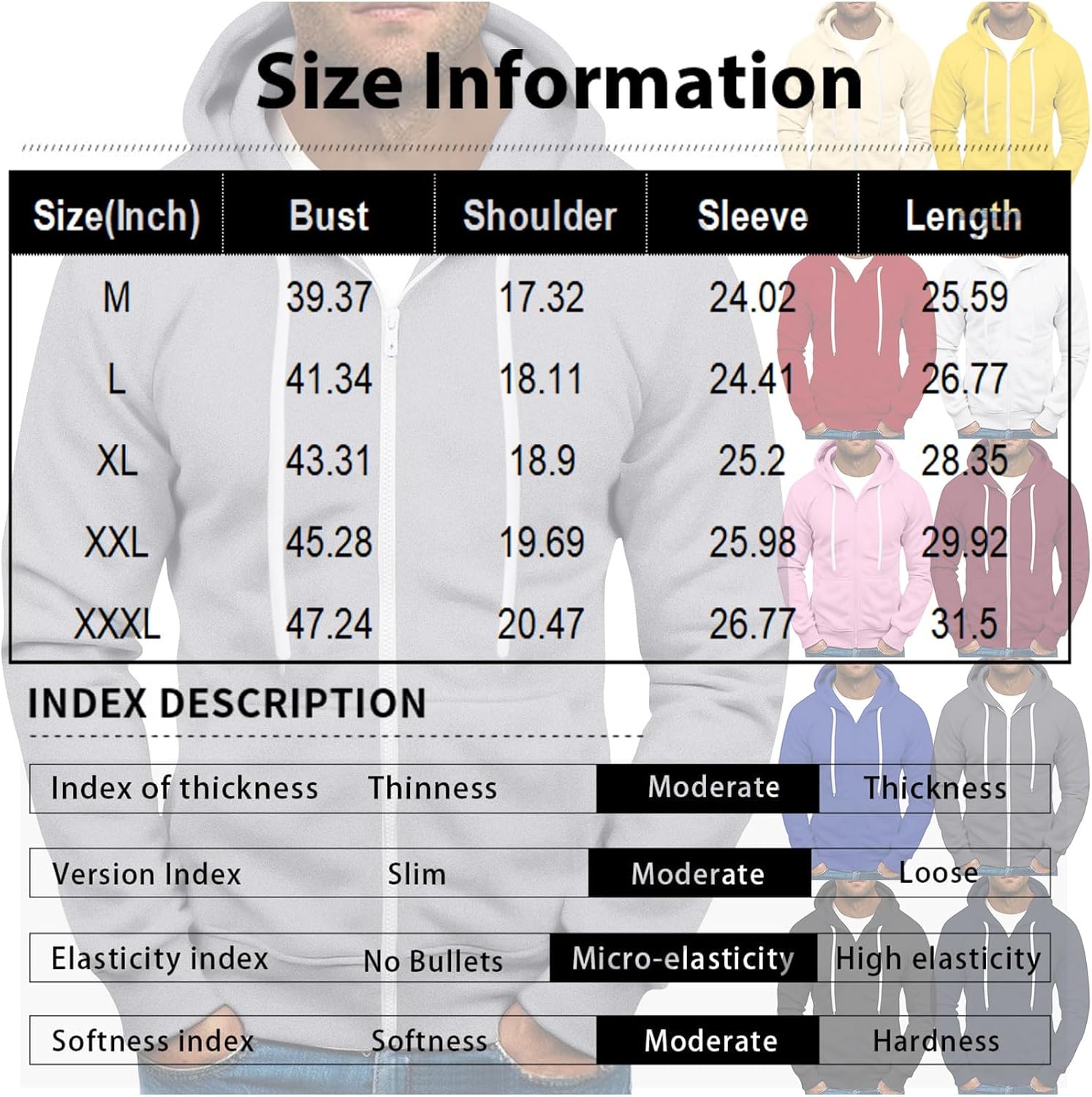 Ymosrh Men's Hoodies, Long Sleeve Zip Up Hoodie Casual Solid Color Pullover Hooded Sweatshirts, M-3XL