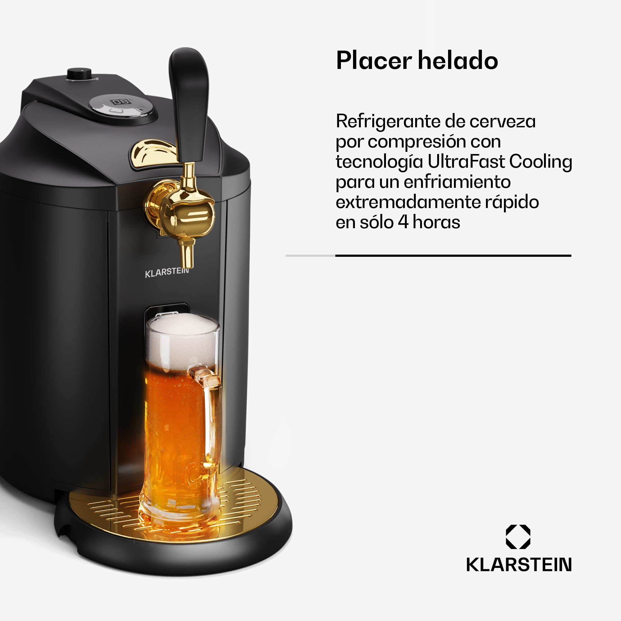 KLARSTEIN Dispensador de Cerveza Beerkules, Grifo de Cerveza con Enfriador, Barril 5l, CO2, Temperatura Ajustable, Pantalla LCD, Negro-Dorado