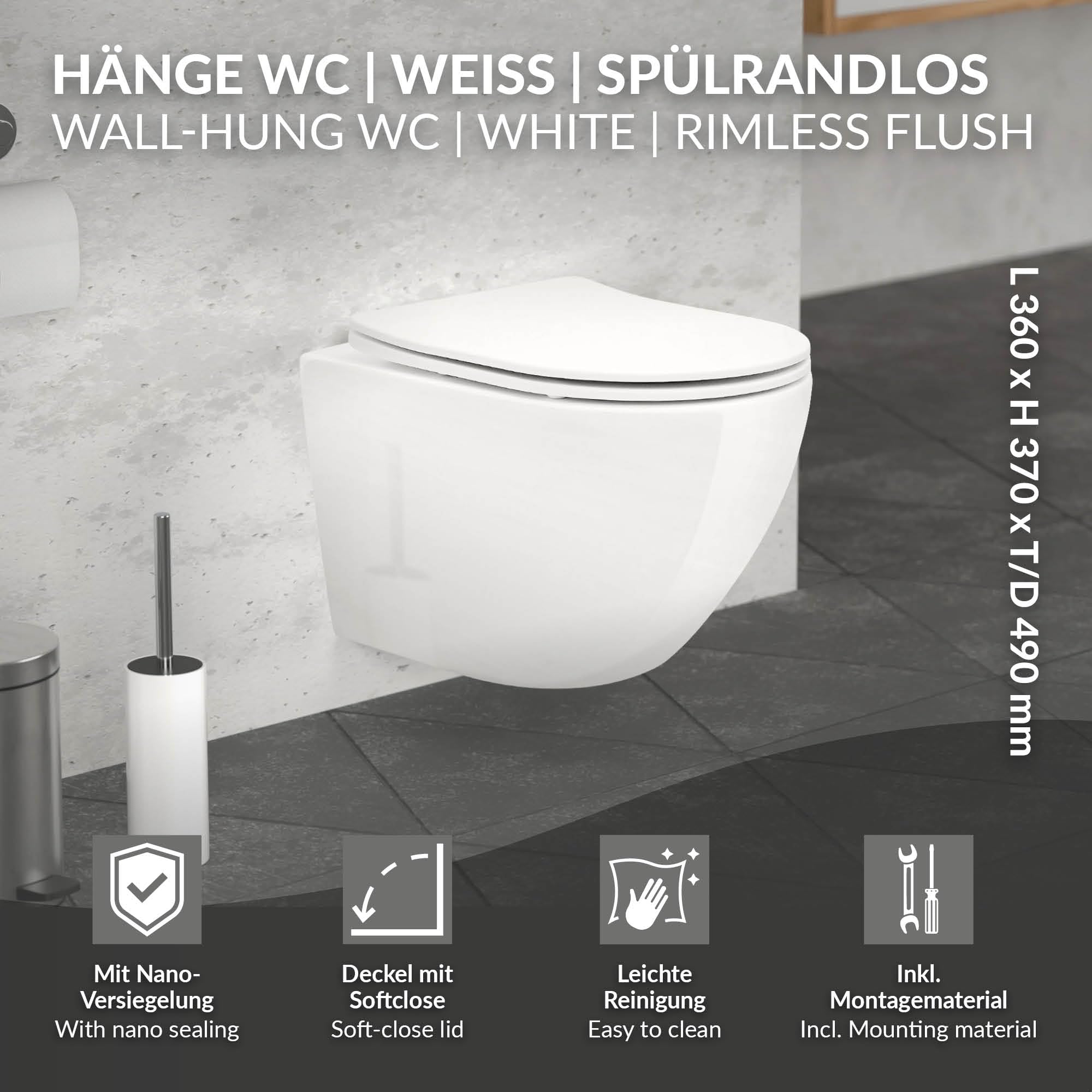 ECD Germany Inodoro Suspendido sin Borde, WC Corto 49 cm Blanco Brillante de Cerámica con Nano Revestimiento, Taza de Water de Pared con Asiento Extraíble, Cierre Automático Suave, Descarga Profundo