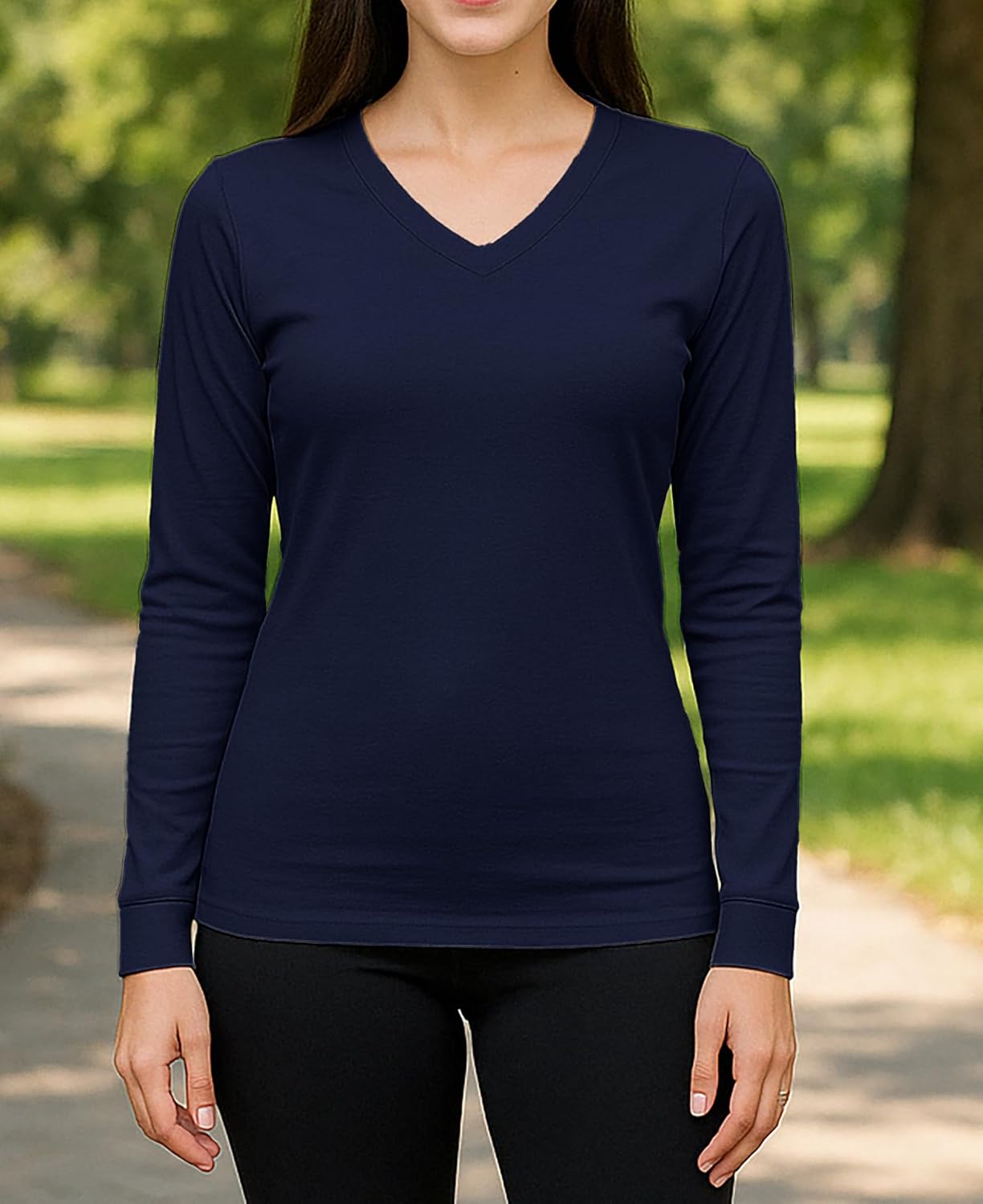 Sexy Basics Women's Cotton Stretch Long Sleeve V- Neck Athletic Tops | Casual & Active Color T Shirts | Multi Packs - Image 2
