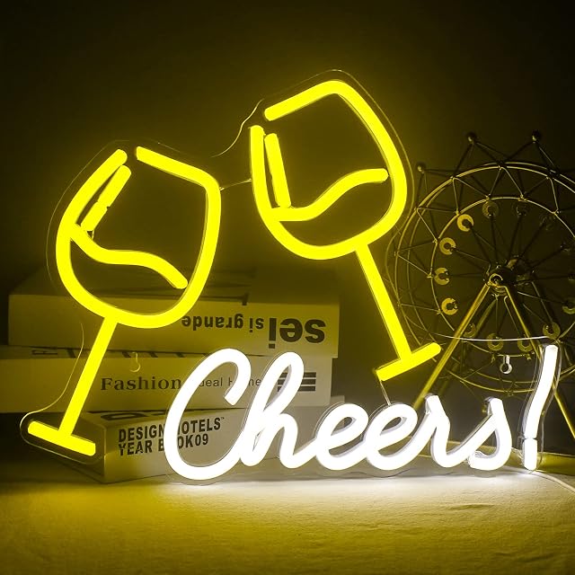 Cheers Neon Signs for Wall Decor, Wine Glass Shaped Cheers Neon Light for Bar, Restaurant, Shop, Night Club (Yellow&White)