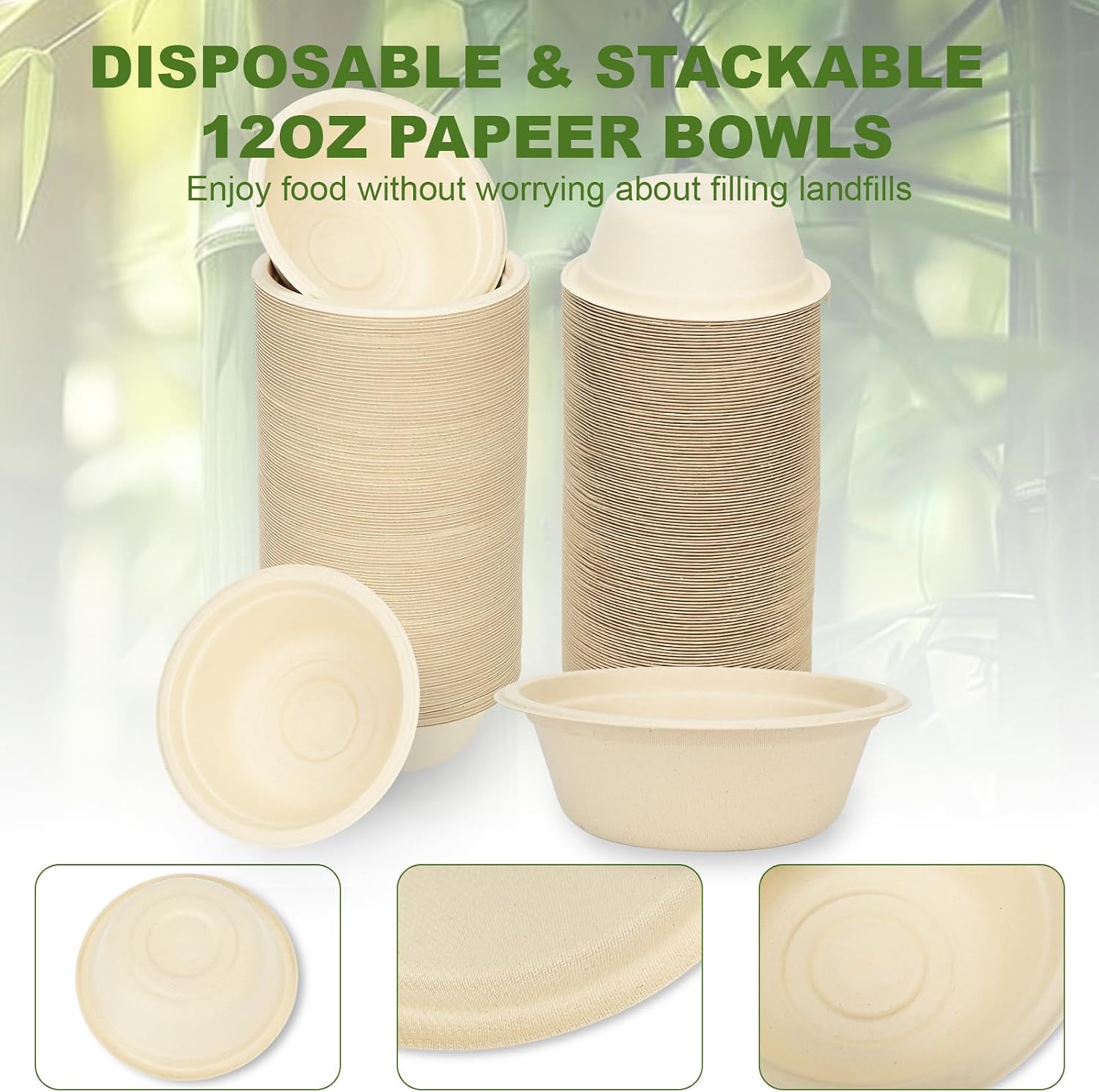 Neyimqr 125 Pack 12 OZ Paper Bowls, Natural Compostable Disposable Soup Bowls, Eco-Friendly Bagasse Serving Plates and Bowls for Hot Food or Cold Use