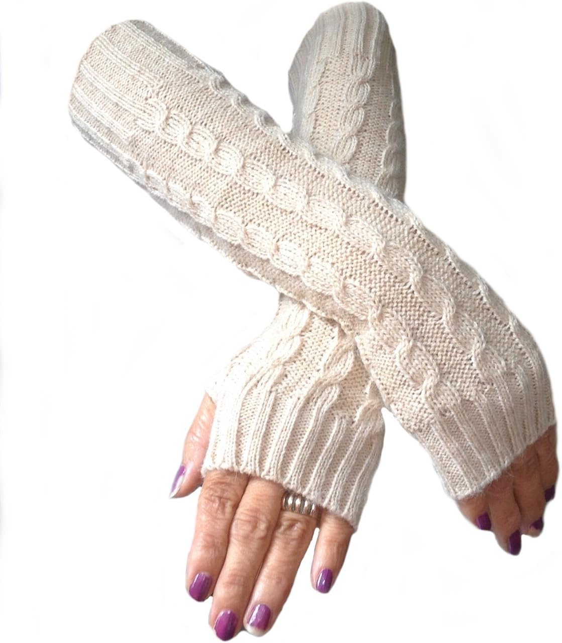 Alpaca Wool Mittens, Armwarmer Cable Texting Fingerless Gloves Long