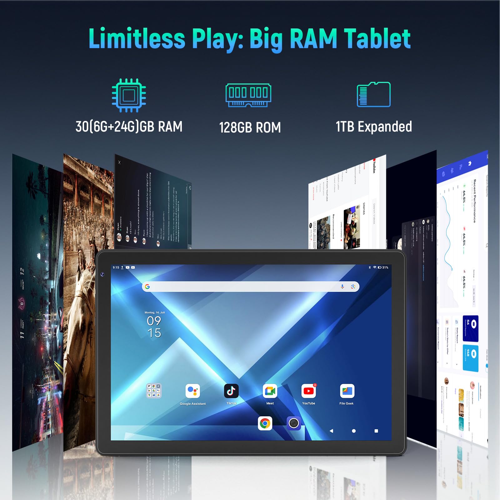 Whitedeer 10 inch Android 15 Tablet, Android Tablet with 30GB+128GB+1TB, Face ID, 5MP 8MP Camera, Split Screen, 1280x800 IPS Display, 5000mAh Battery, WiFi 6 5G 2.4G, Bluetooth 5.3, Widevine L1, Black - 4