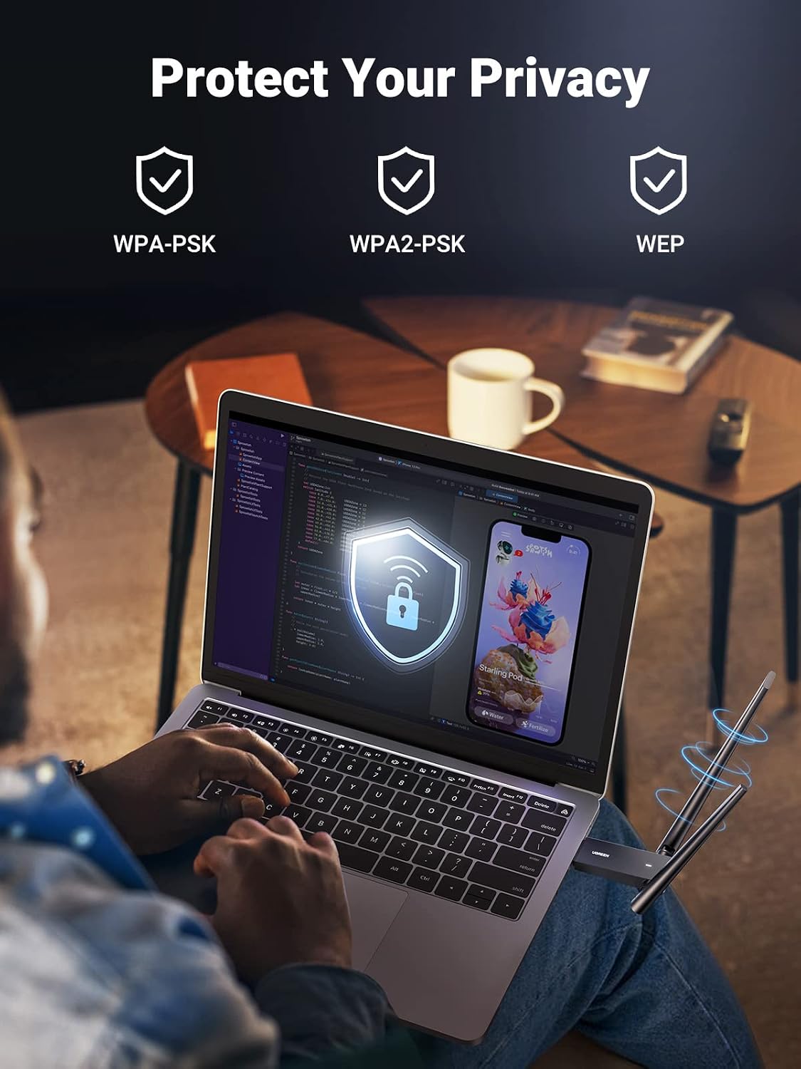 UGREEN AC1300 WLAN Stick — двухдиапазонный (5 ГГц/2,4 ГГц) Wi-Fi-адаптер для ПК с двумя антеннами 5 дБи, кнопкой WPS, поддержкой Plug & Play в Windows 10/11, совместим с Windows и macOS