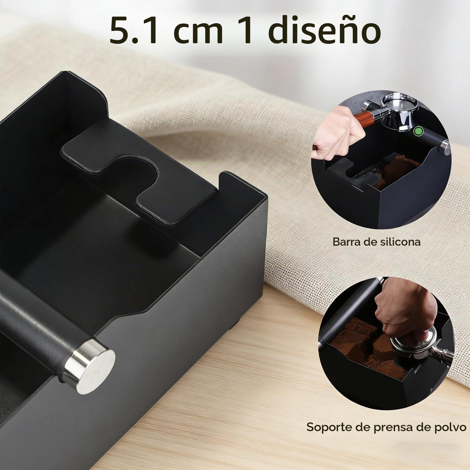 Knock Box de Acero Inoxidable Negro, Diseño 2 en 1 que Integra una Estación de Prensado y Coffee Knock Box, 20x14.5x14 cm