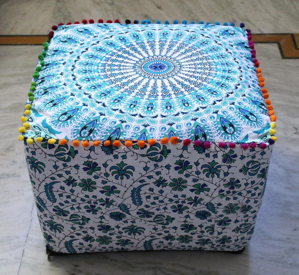 Indian Handmade Mandala | Square Ottoman Pouf Cover | Footstool Seating (White Blue Peacock Mandala, 22x22x14)