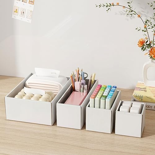 Miniatura 6 de Juego de 20 organizadores de cajones de cartón multiusos, con 4 tamaños, juego de caja de almacenamiento para escritorio, manualidades, suministros