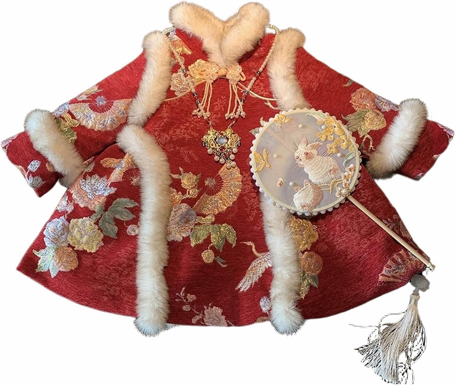 Chinese Traditional Tang Suit Girls Chinese New Year Fur Trim Coat Tops Toddler Kids Embroidery Pattern Hanfu Jacket