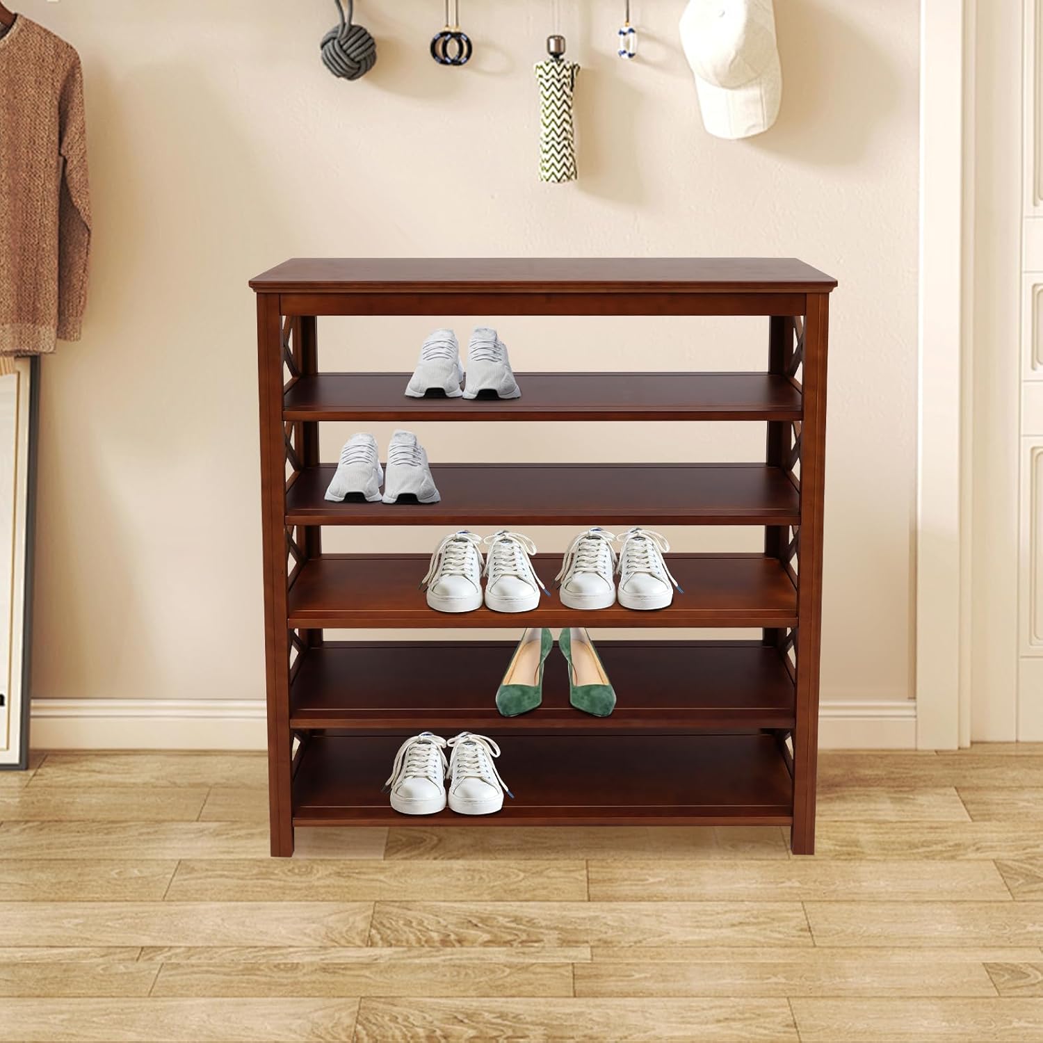 6-Tier Vintage Brown Bamboo-Wood Shoe Rack, 44 lbs Per Shelf Heavy Duty Free Standing Organizer, Holds 24+ Pairs Shoes for Entryway, Hallway, Closet, Living Room Storage