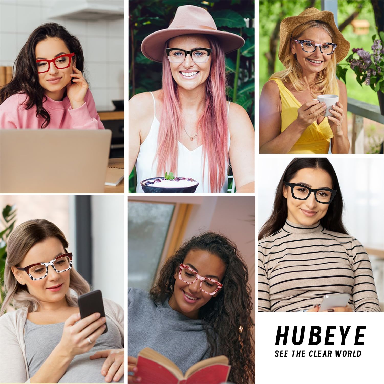 Hubeye 5 Pairs Oprah Style Square Reading Glasses for Women Men Blue Light Blocking Computer Readers with leather case - Image 2