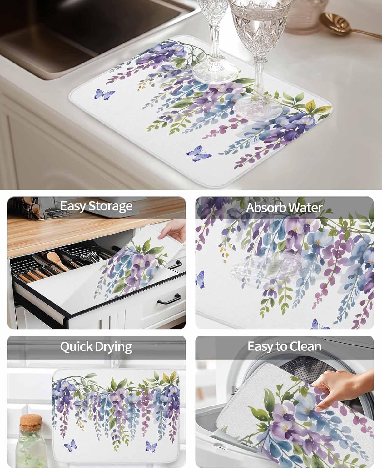 Purple Flower Dish Drying Mat for Kitchen Counter Vintage Watercolor Purple Wisteria Floral Butterfly Super Absorbent Microfiber Coffee Bar Mat Washable Dish Drainer Rack Mat, 2 Pack, 16" x 18"