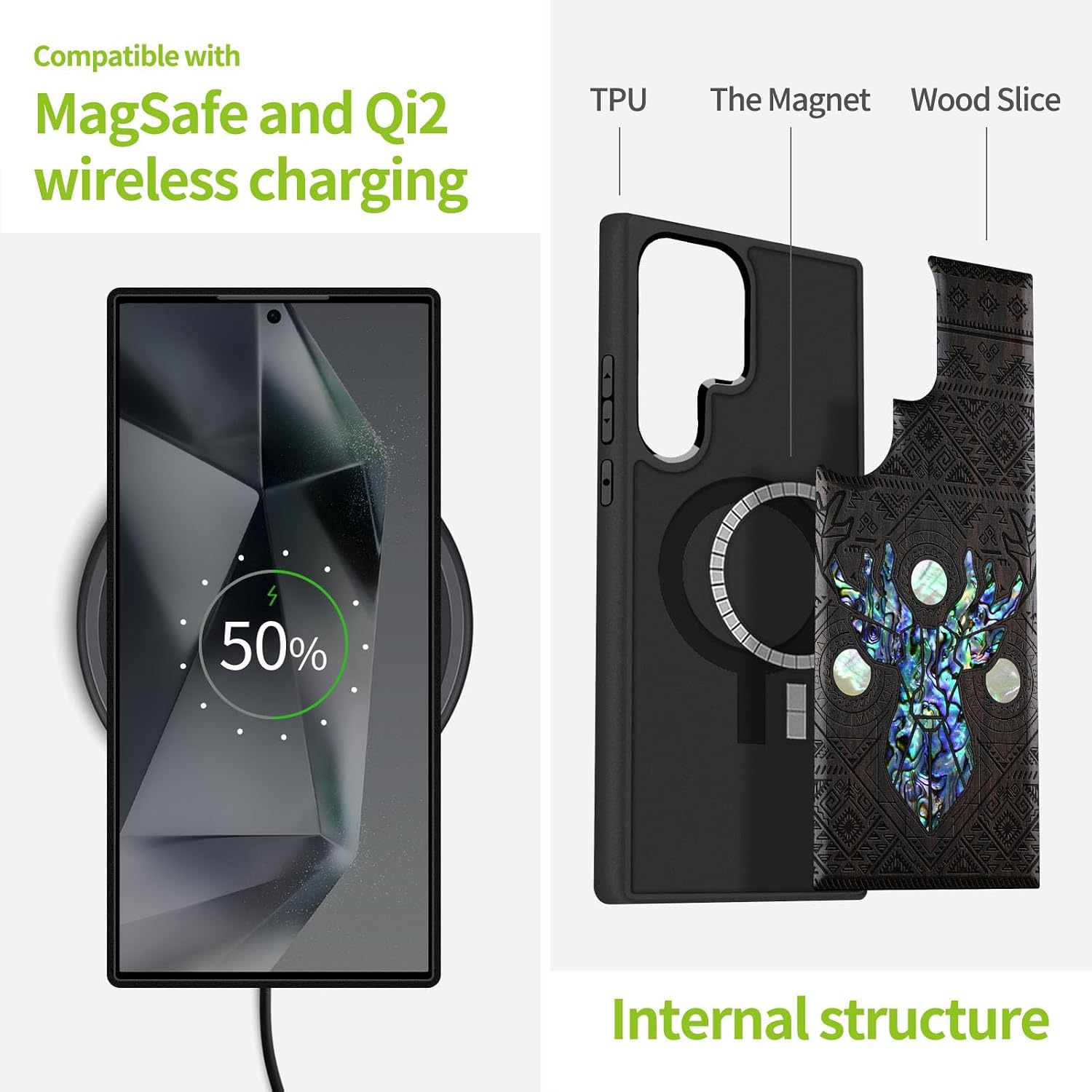 Carveit Magnetic Wooden Case for Samsung Galaxy S25 Ultra Case, Wood Artisan Engraved & Handmade Shell Inlaid, Compatible with MagSafe Wireless Chargers (Aztec Geometric Deer) Blackwood