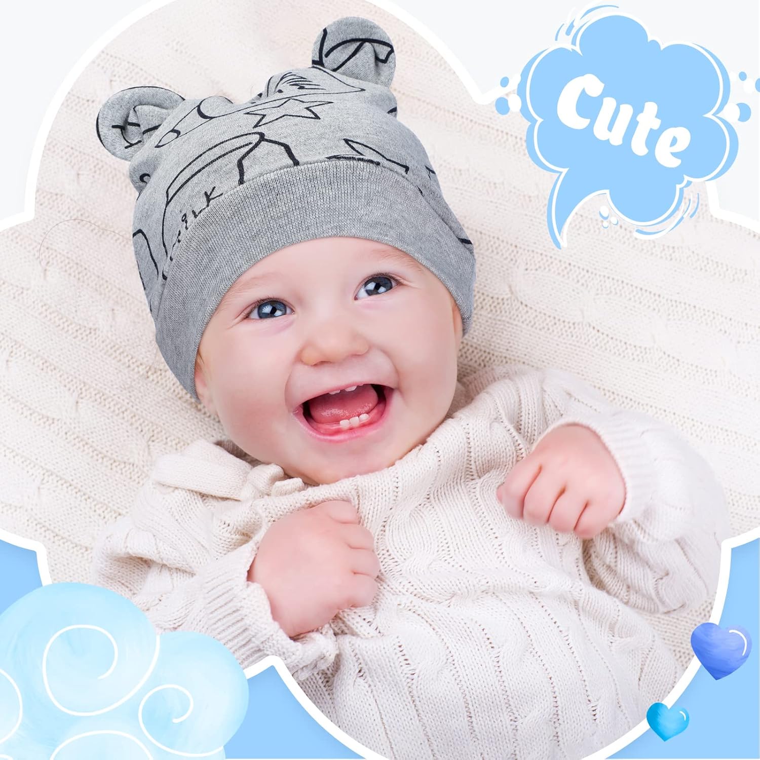 Geyoga 9 Pieces Newborn Baby Hat Bear Ears Infant Caps Baby Boy Girl Toddler Hats Beanie Caps, 2 Ears - Image 6