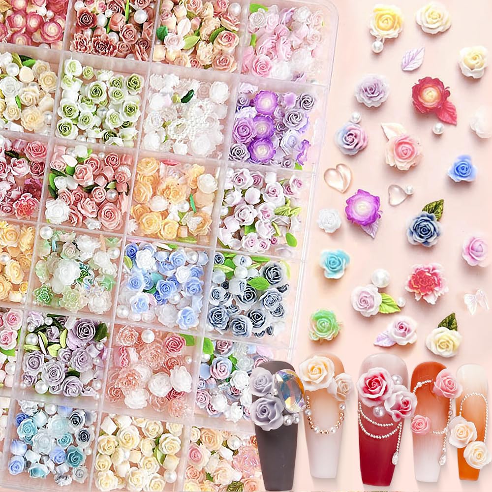 24Grid Random Mixed Flower Nail Charms - Colorful Floral Nail Decor Charms With Pearl Leaves & Resin Camellia Rose Designs