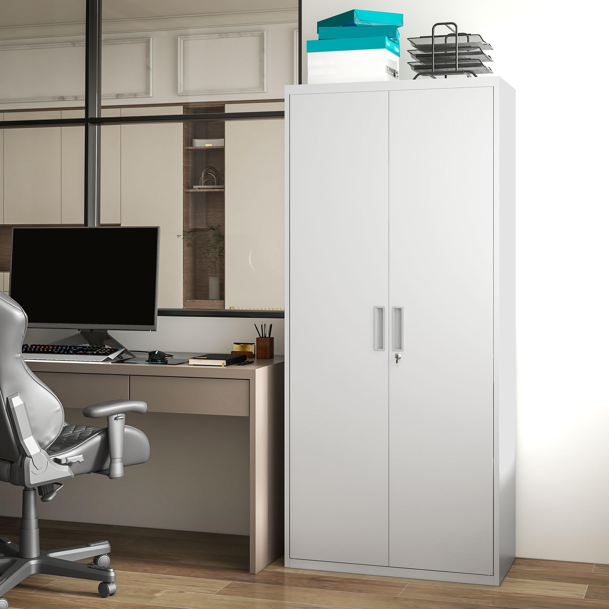 HOMCOM Mueble Archivador de 5 Niveles con Estantes Regulables Cajonera de Oficina Archivador con Llave para Estudio Salón 80x40x180 cm Blanco