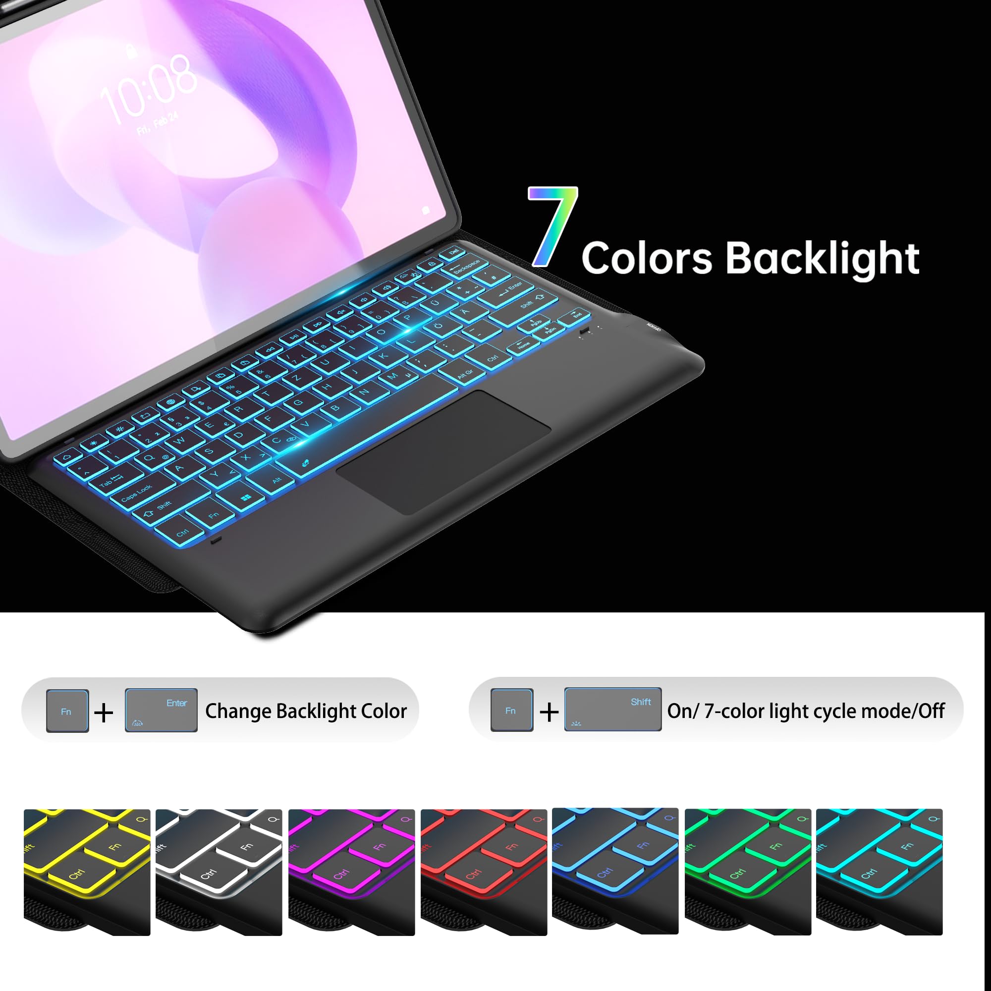 Für Lenovo Idea Tab Pro Tablet 12.7" Hülle mit Tastatur - 7 Farben Beleuchtung Abnehmbare Trackpad Cover - Beleuchtete Deutsches QWERTZ Layout Tastatur mit Stifthalter für Lenovo Idea Tab Pro 2025