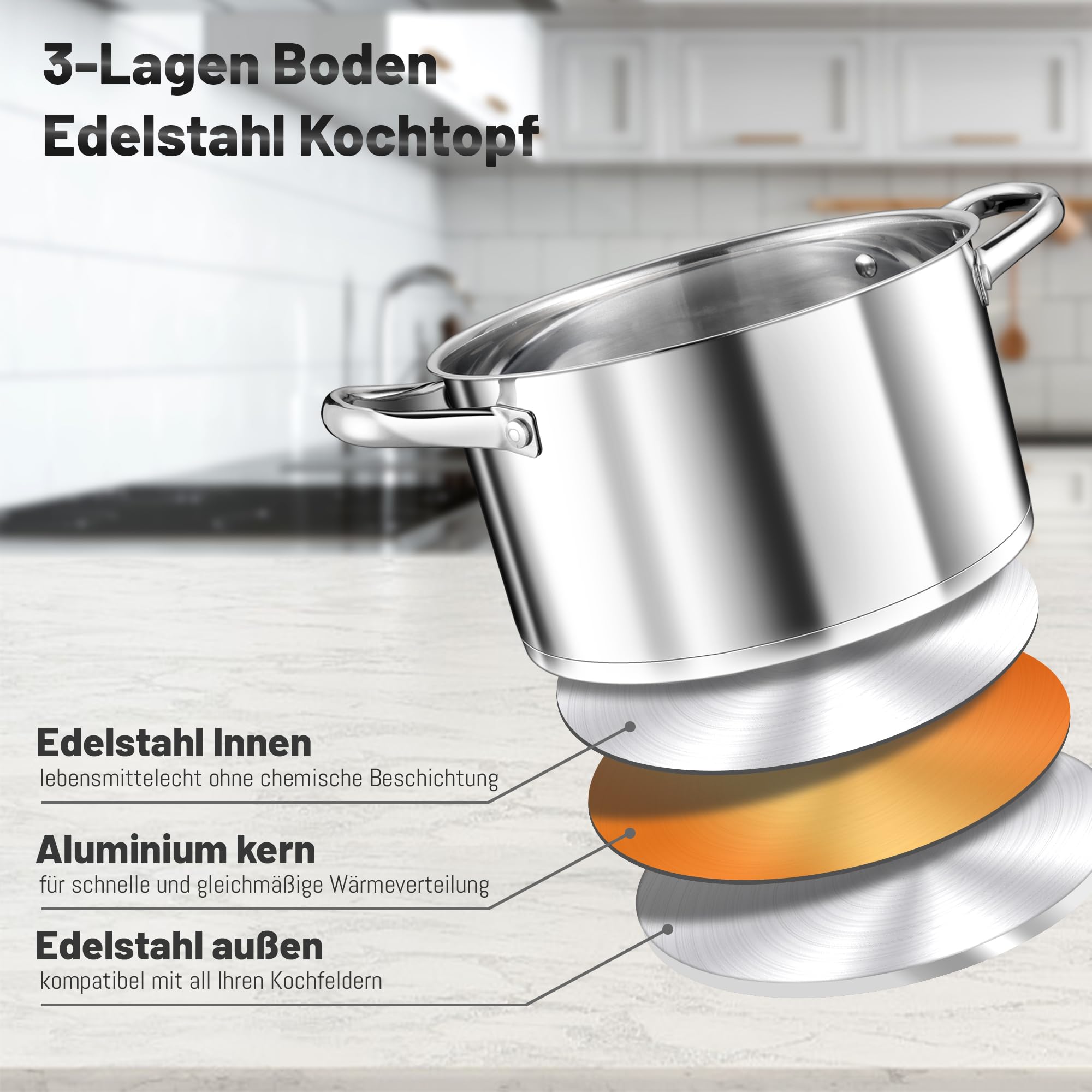 TEAMFAR Kochtopf Groß, 7,6 Liter Edeastahl Topf Suppentopf Induktion, Glasdeckel, 3-Lagen Boden für alle Herdarten, 26cm Nudeltopf Fleischtopf zum Kochen, Unbeschichtet & Ungiftig, Spülmaschinenfest