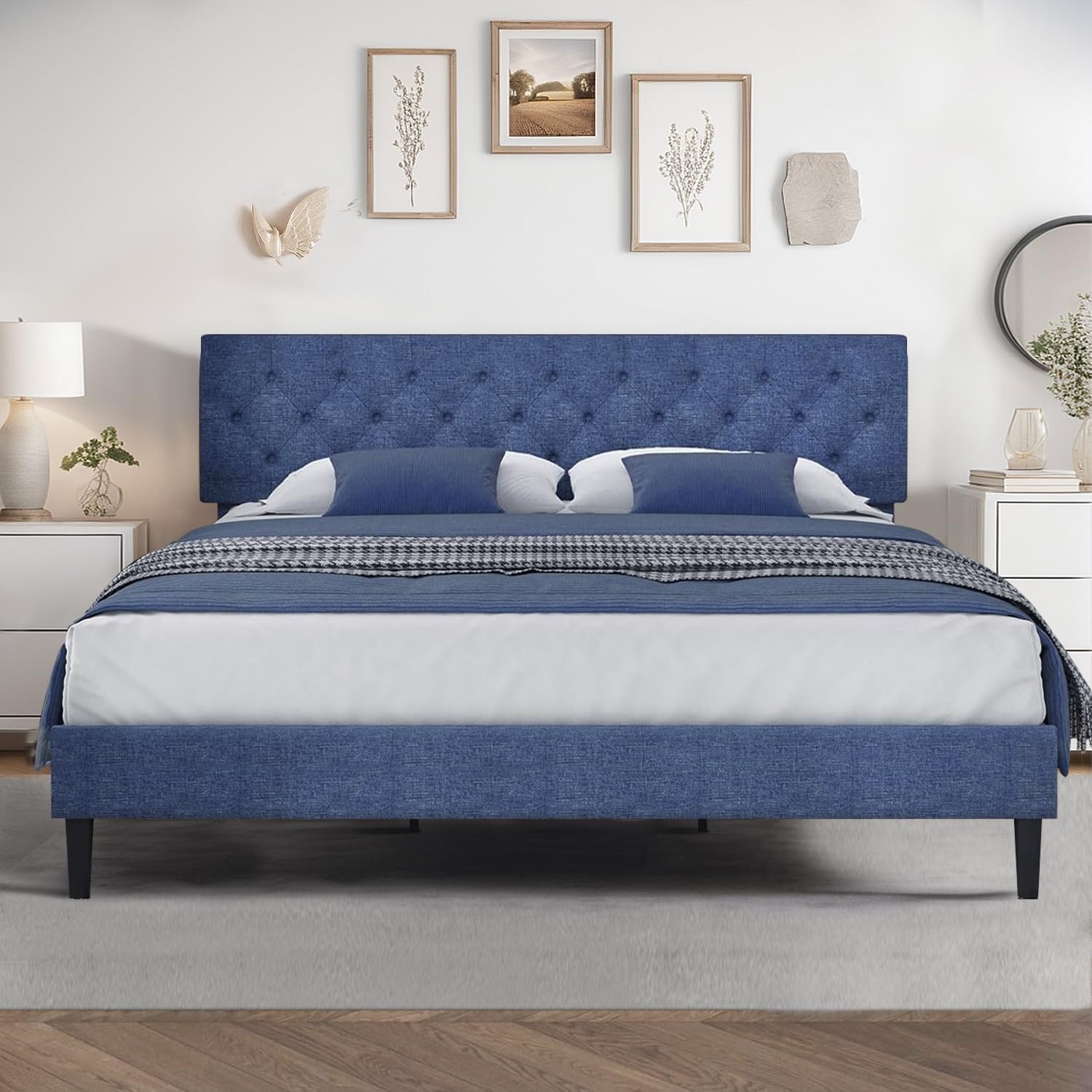 HOMBCK King Size Bed Frame, Upholstered Bed Frame with Headboard, Blue