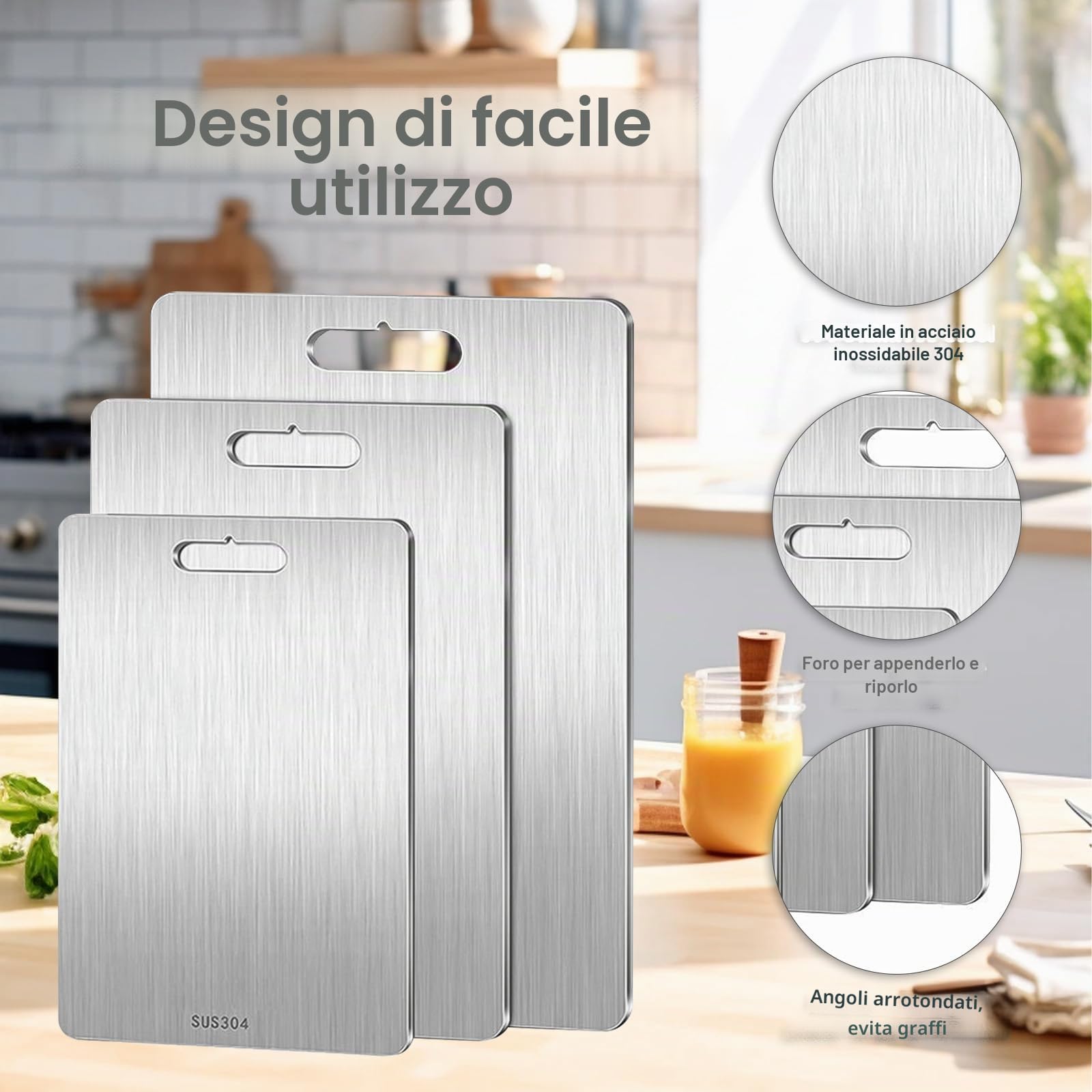 Tagliere Acciaio Inox Alimentare 304,Taglieri a Doppia Faccia Antibatterici | Set 3 Pezzi Tagliere Cucina Lavabile in Lavastoviglie,per Carne, Frutta, Verdura, Impasto (39x28+29x20+25x15cm)