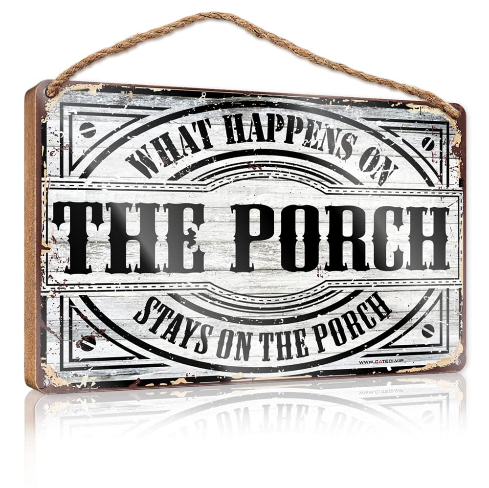 FZFN Hanging Decor Door What Happens On The Porch Stays On The Porch Wooden Sign Bar Signs For Home Decor Funny Office Gifts For Co(15X28CM)